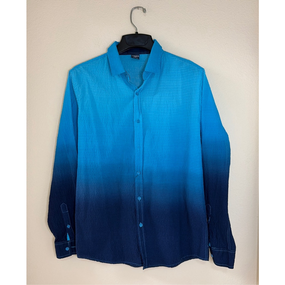 Verdo Men's Size M Ombre Blue Button Up Long Sleeved 100% Cotton Contrast Cuffs
